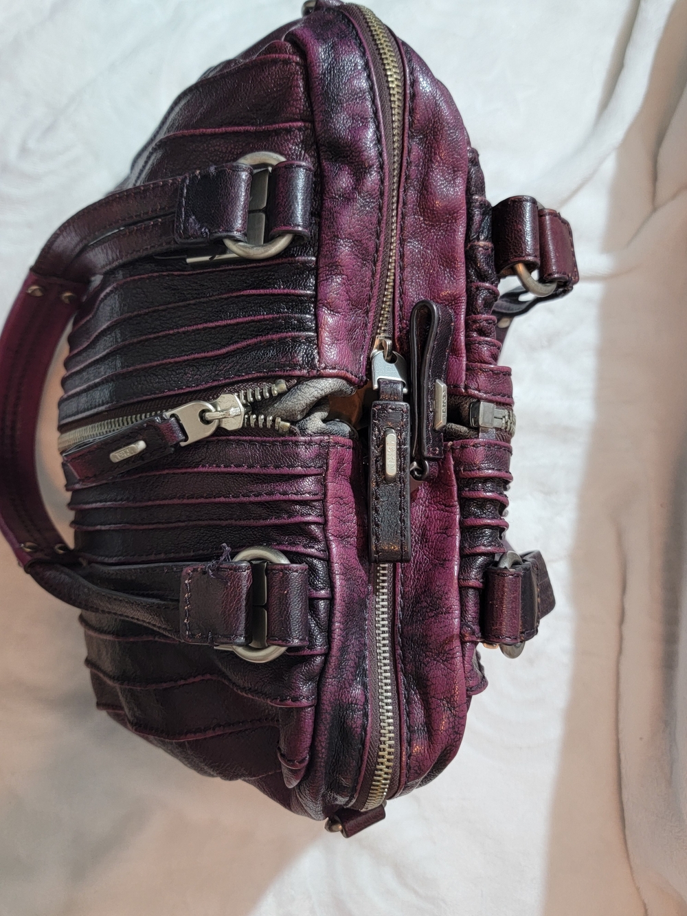 Plum Quilted Leather Shoulder Bag with Center Zip - Picture 9 of 12